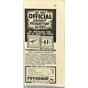 Fotoshop Inc "The Only Official Aircraft Recognition Slides" Vtg Print Ad 1943
